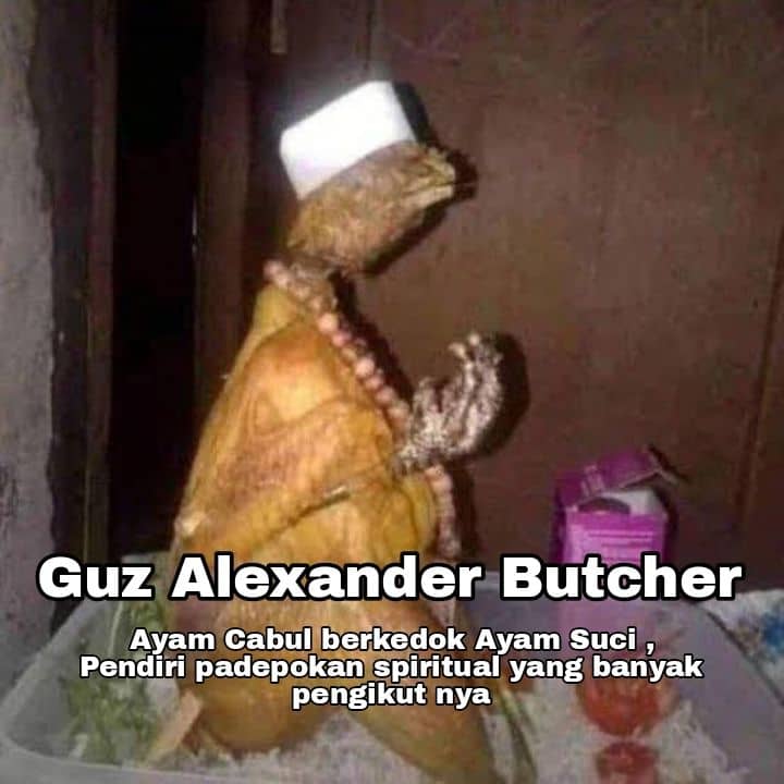 Stiker meme ayam lucu WhatsApp: Guz Alexander Butcher, ayam cabul berkedok ayam suci, pendiri padepokan spiritual yang banyak pengikutnya
