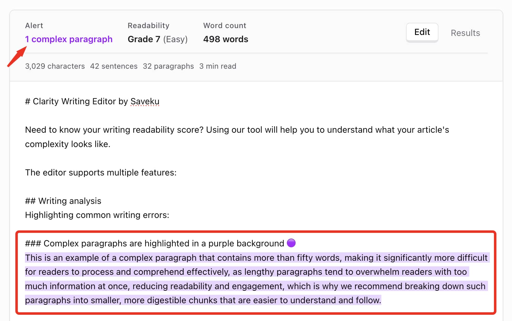 Clarity Writing Editor showing complex paragraph highlighting