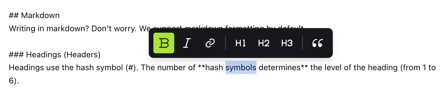 Clarity Writing Editor showing markdown formatting toolbar with Bold, Italic, Link, H1, H2, H3, and Quote options
