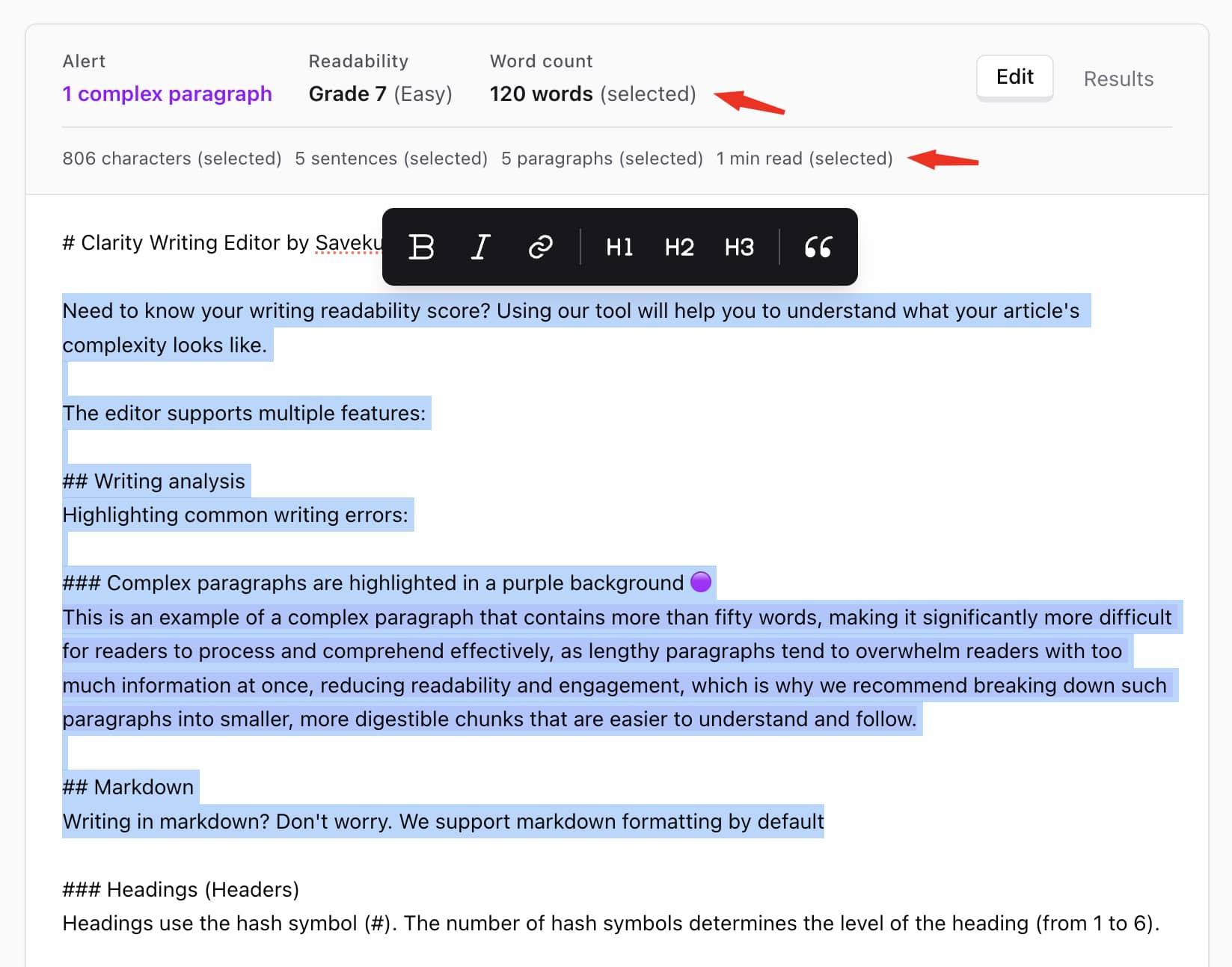 Clarity Writing Editor showing words count highlighting